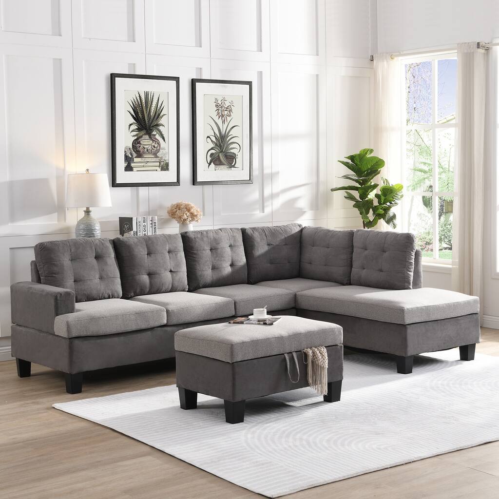 Grey L-Shaped Sectional Sofa Set with Chaise Lounge and Ottoman
