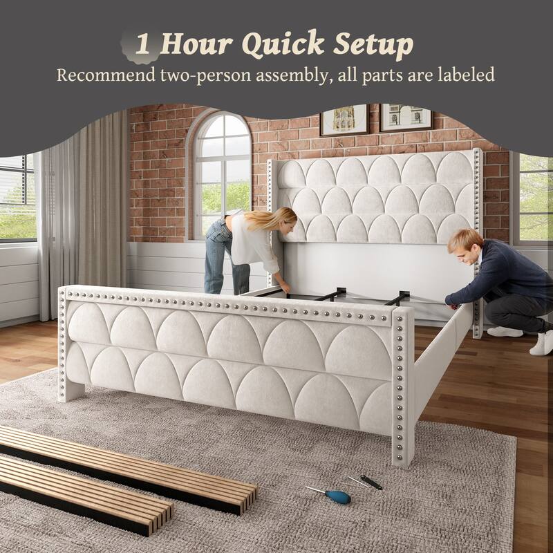 Hansabenne King Size Upholstered Platform Bed Frame Velvet Wood Bed Frame with Headboard