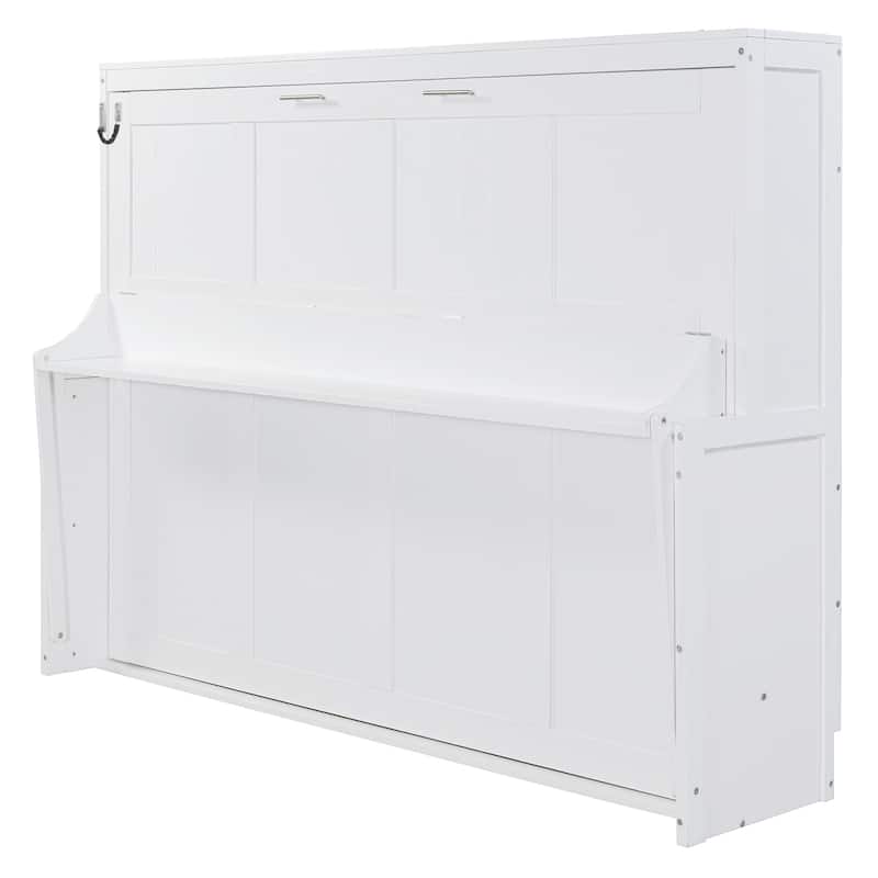 Space-Saving Queen Size Murphy Bed with Hydraulic Lift and Desk, White