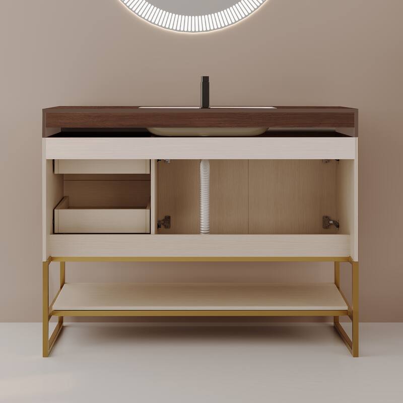 GDFStudio - Luxury 36" Freestanding Sintered Stone Bathroom Vanity with Seamless Ceramic Sink, Open Storage & Soft-Close Drawers