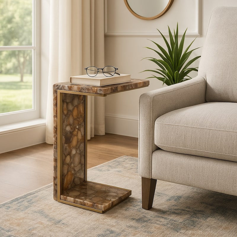 Stone Metal Accent Table Modern C-Shape Glam Finish - 25" Brown - 14" x 10" x 24.75"