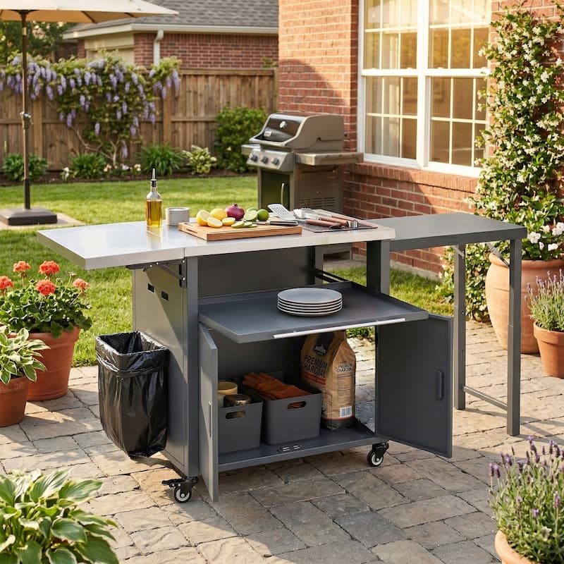 Foldable Outdoor Prep Station BBQ Cart, Kitchen Island Grill Cart with Trash Rack and Storage Space - Grey