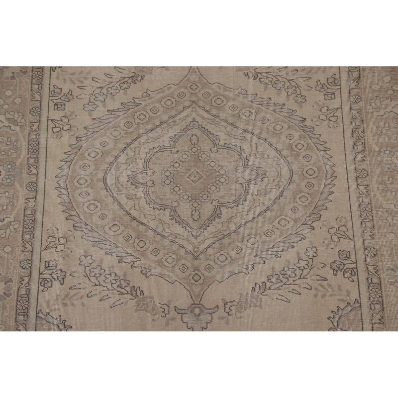 Beige Distressed Tabriz Persian Vintage Area Rug Handmade Wool Carpet - 6'3" x 9'8"