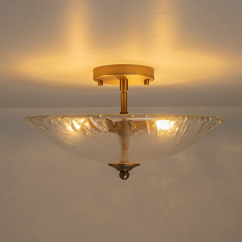 Mid-Century Brass Round Glass Bowl Semi Flush Ceiling Light 15in