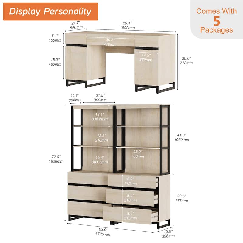 WAMPAT 59" Executive Desk with Charging Station & Storage Cabinet + 72" Tall Bookcase with 6 Drawers.