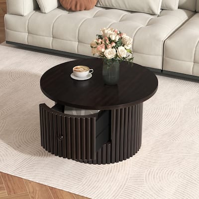 Round Coffee Table, Farmhouse Coffee Table with Drawer, 30.5" Wood Center Table with Vertical Slat Base for Living Room