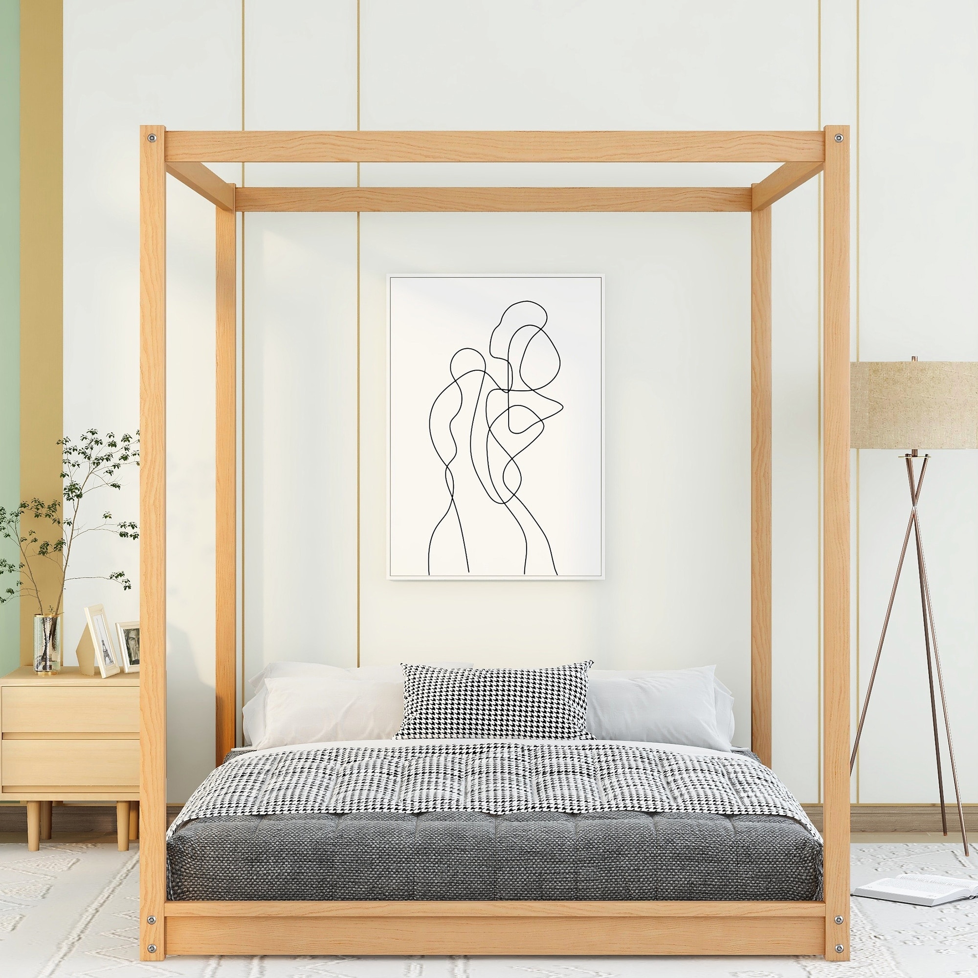 Queen Floor Canopy Platform Bed with Headboard Support Legs Natural