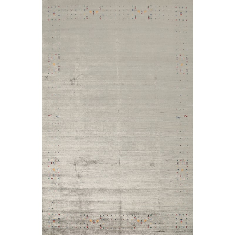 Hand Knotted Oriental Viscose Silk Carpet Tribal Animal Pictorial Greys & Charcoal Gabbeh Area Rug - 11' 9'' X 8' 11''