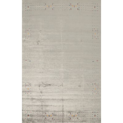Hand Knotted Oriental Viscose Silk Carpet Tribal Animal Pictorial Greys & Charcoal Gabbeh Area Rug - 11' 9'' X 8' 11''