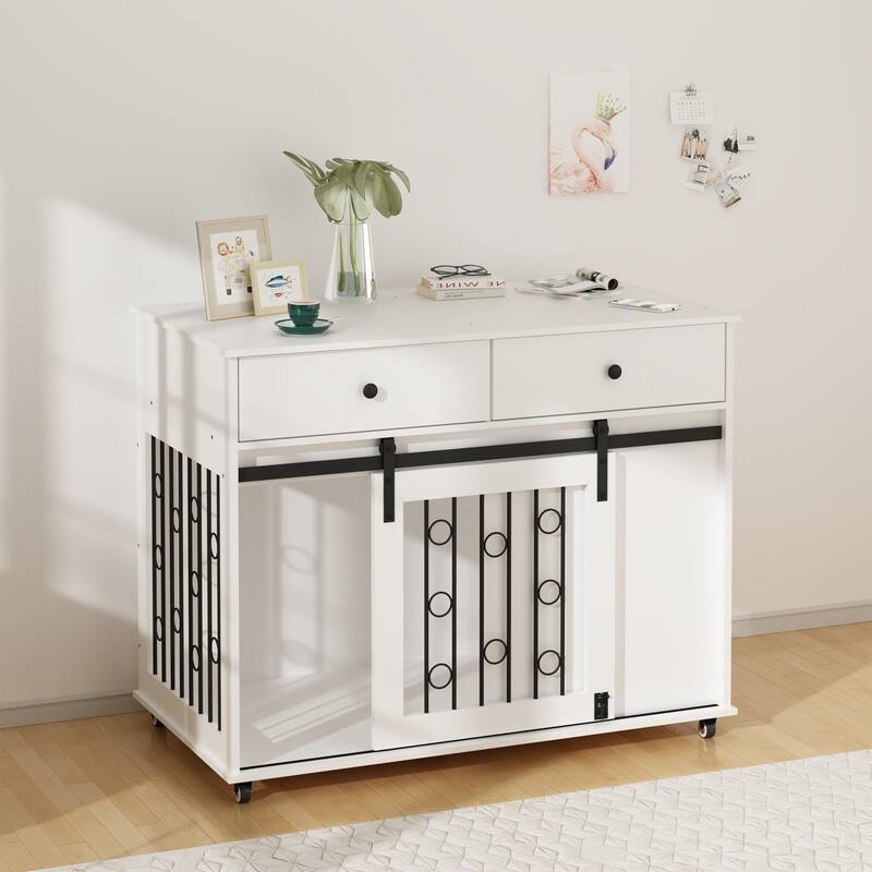 39.37'' Wooden Dog Crate Furniture with 2 Drawers, Sliding Barn Door, Lockable Wheels