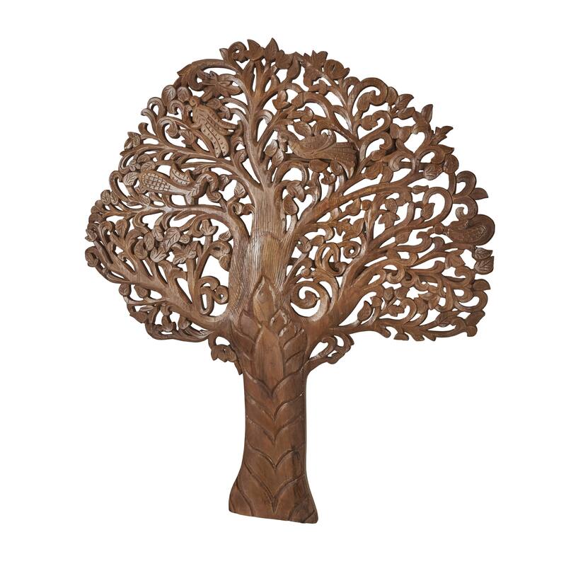 Mango Wood Tree Large Carved Home Wall Decor with Scrollwork - White or Brown - Roche River Decor