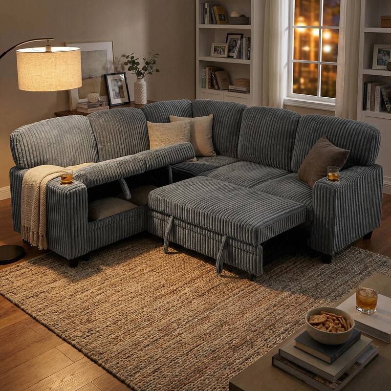 Homylin L-Shaped Sleeper Sectional Sofa with Pull-Out Bed, Storage & USB, 5-Seat - Grey