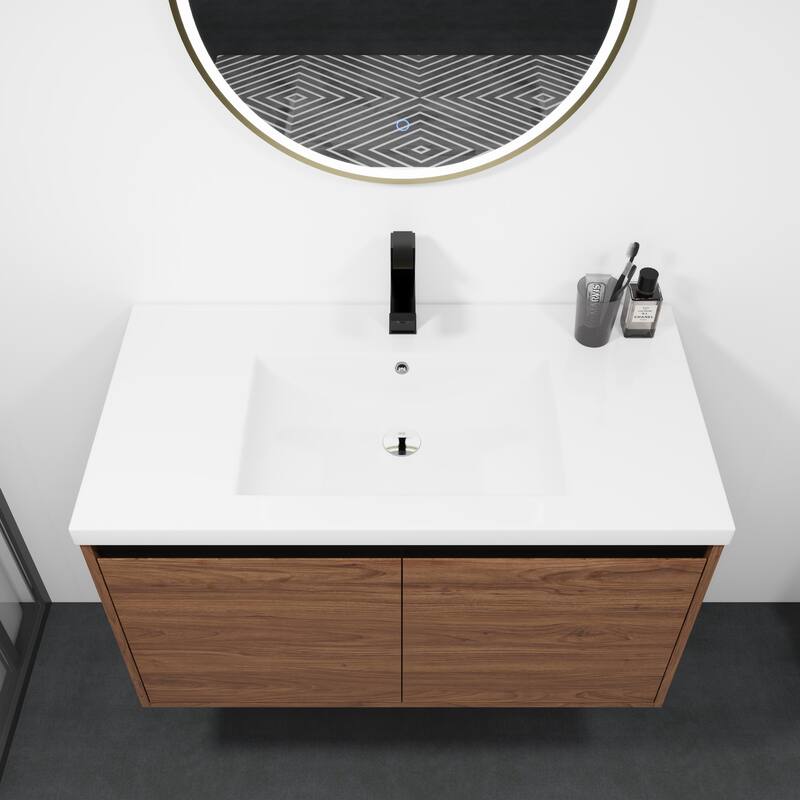 Fully Assembled Black 36 Inch Bathroom Vanity with Ceramic Countertop Sink, Oak 2 Doors Bathroom Cabinet Set