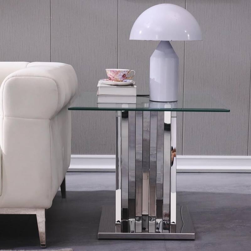 Modern Glass End Table with 24 Inch Square Glass Top and Silver Stainless Steel Geometric Base - 1 End Table