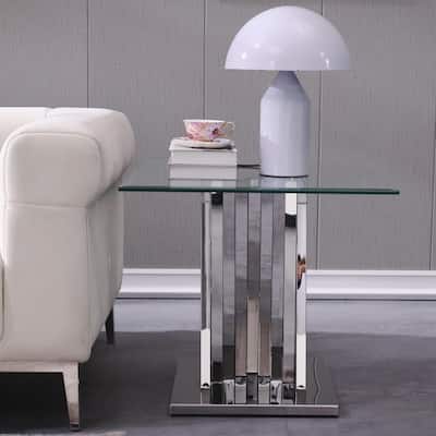 Modern Glass End Table with 24 Inch Square Glass Top and Silver Stainless Steel Geometric Base