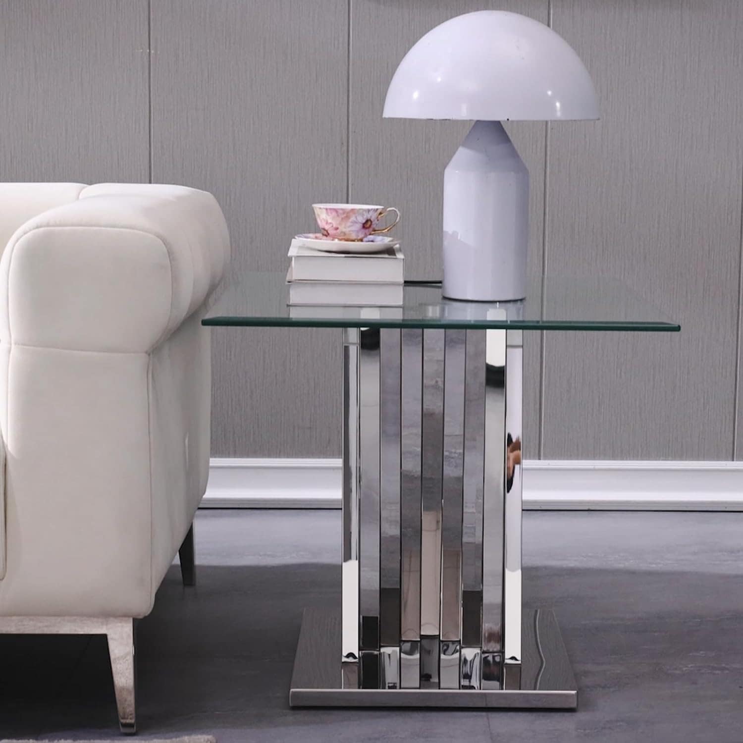 Modern Glass End Table with 24 Inch Square Glass Top and Silver Stainless Steel Geometric Base