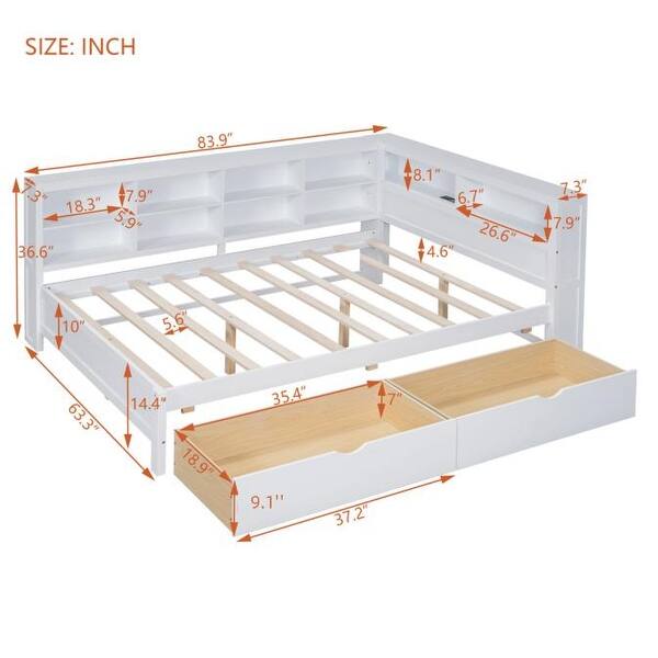 dimension image slide 1 of 5, USB Ports on L-Shape Storage Headboard Bed Frame, Wooden DayBed Sofa Bed, Wooden Slat Platform Bed with 2 Drawers
