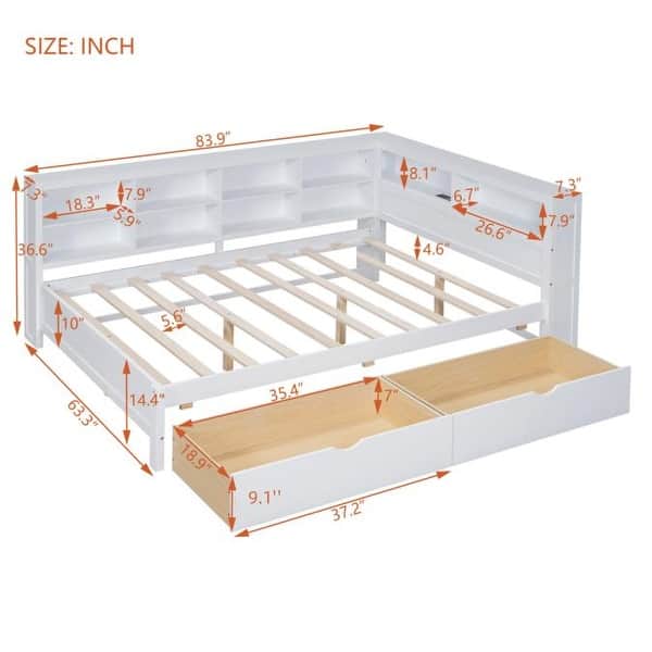 dimension image slide 2 of 5, USB Ports on L-Shape Storage Headboard Bed Frame, Wooden DayBed Sofa Bed, Wooden Slat Platform Bed with 2 Drawers