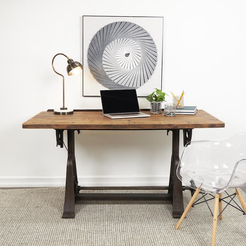 Teak Wood Drafting Style Desk with Tilting Top and Crank Height Adjustment - Brown - Roche River Decor