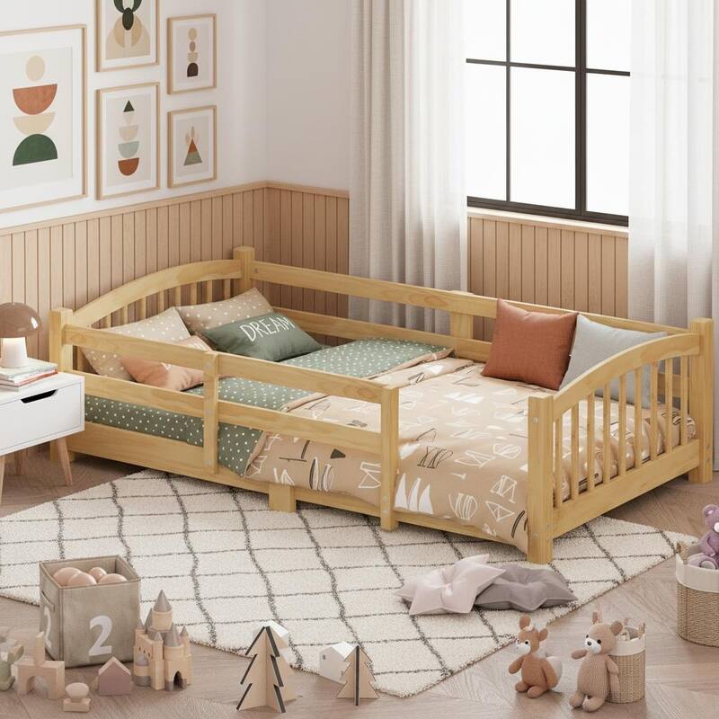 Montessori Solid Pine Floor Bed with Full-Length Safety Fence & Slatted Base by Harper&Bright Designs