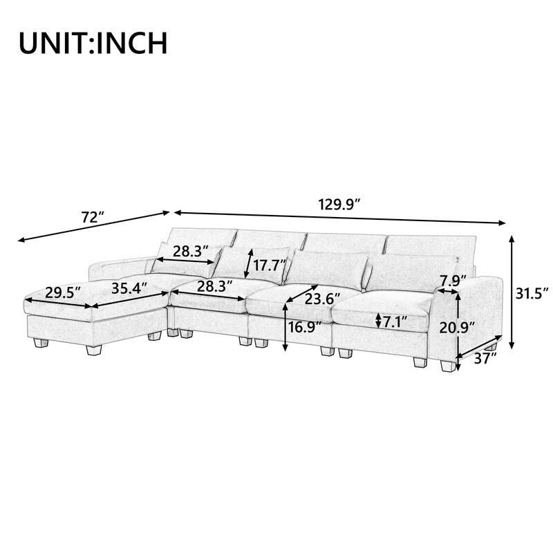 Spacious 5-Seater Sofa Chaise with Removable Cushions and Pillow Set for Home Comfort