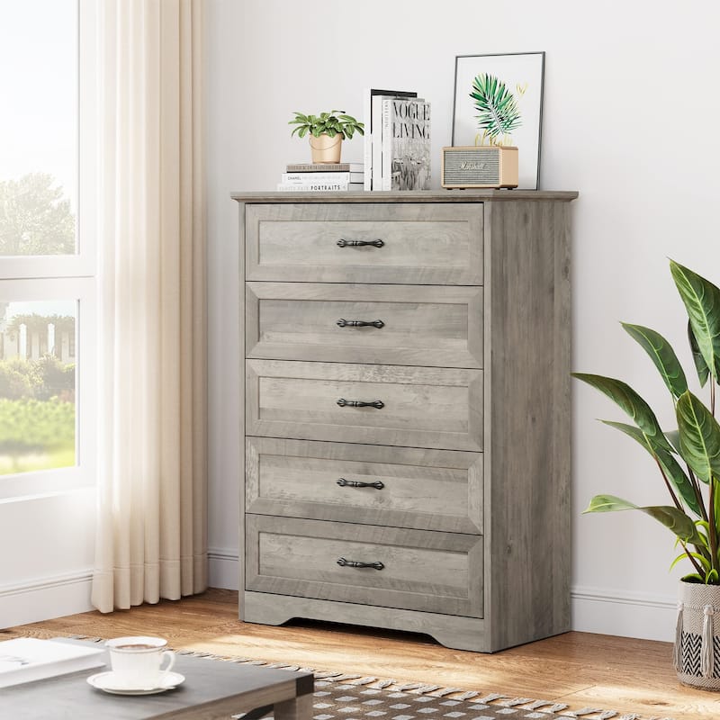 5/6 Drawer Dresser, Modern Wood Storage Chest Organizer for Clothes, Bedroom - 5-drawer - Grey