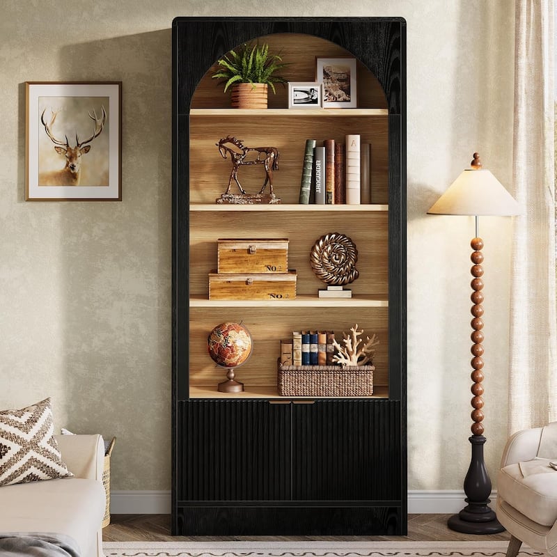 71" Tall 5-Tier Modern Arched Black Bookcase with Cabinet and Fluted Cabinet - 11.81"D × 31.5"W × 70.87"H