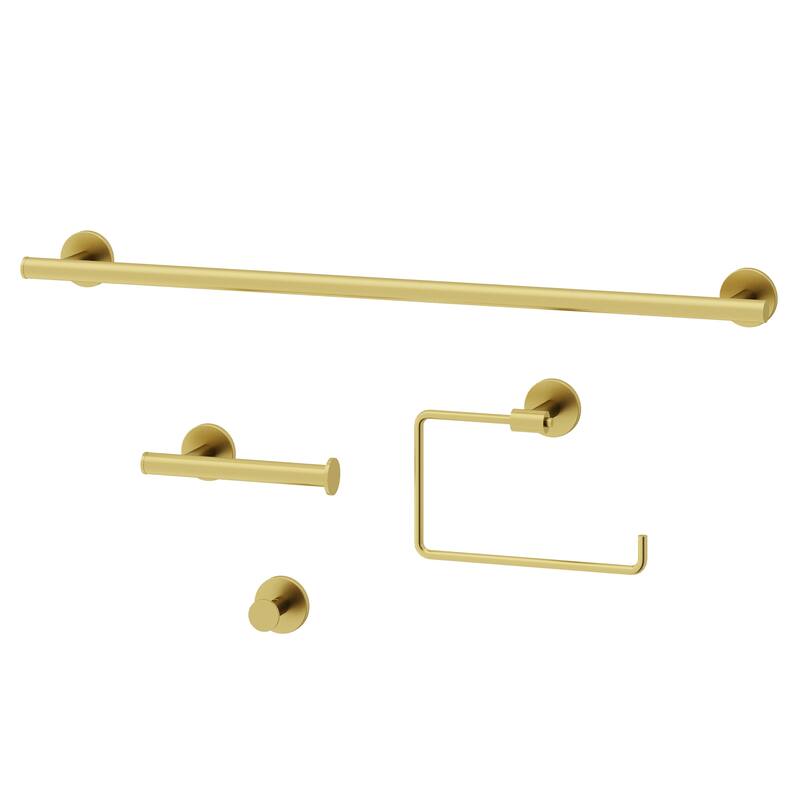 VIGO Elan 4-Piece Bathroom Hardware Accessory Set with 24 in. Towel Bar, Toilet Paper Holder, Hand Towel Holder, Hook - Matte Brushed Gold