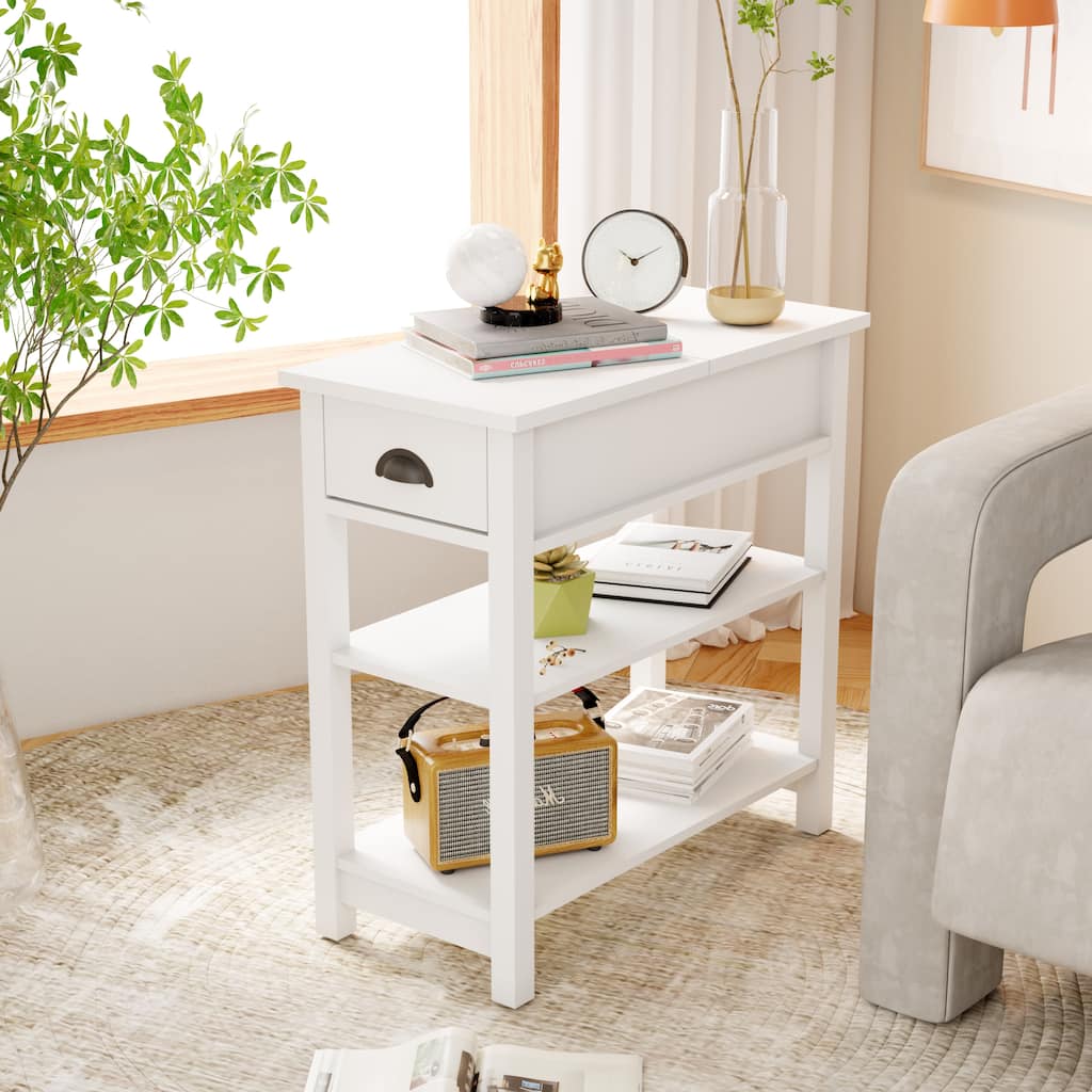 Modern Narrow Sided Table Nightstand with Drawers and Bottom Partition in Flip Over Design