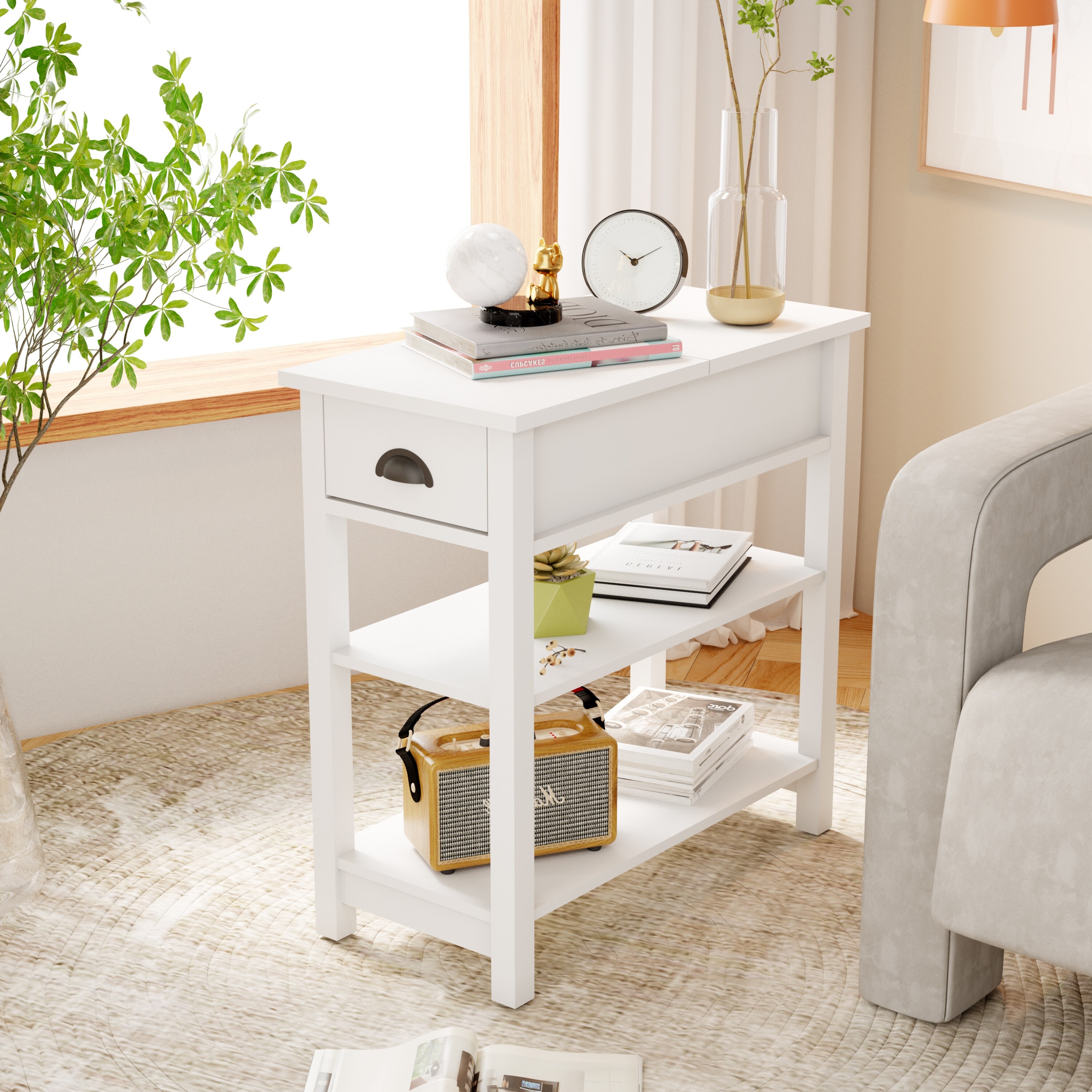 Modern Narrow Sided Table Nightstand with Drawer and Shelf in Flip