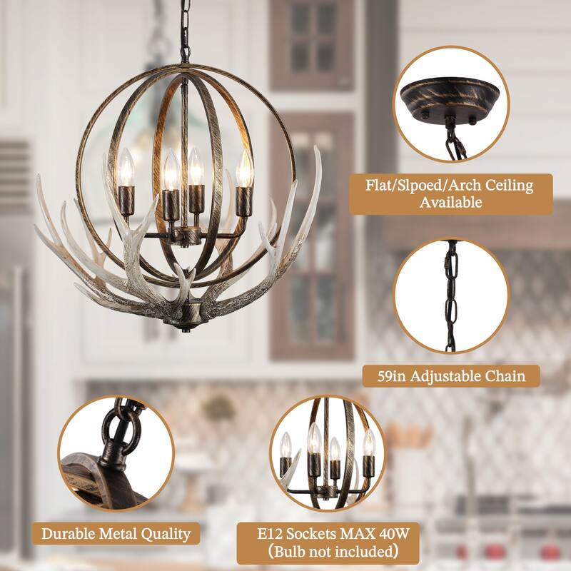 Unique Designed Vintage Resin Antlers Chandelier, Rustic Farmhouse 4 -Light Antler Pendant for Dining Living Room, Kitchen