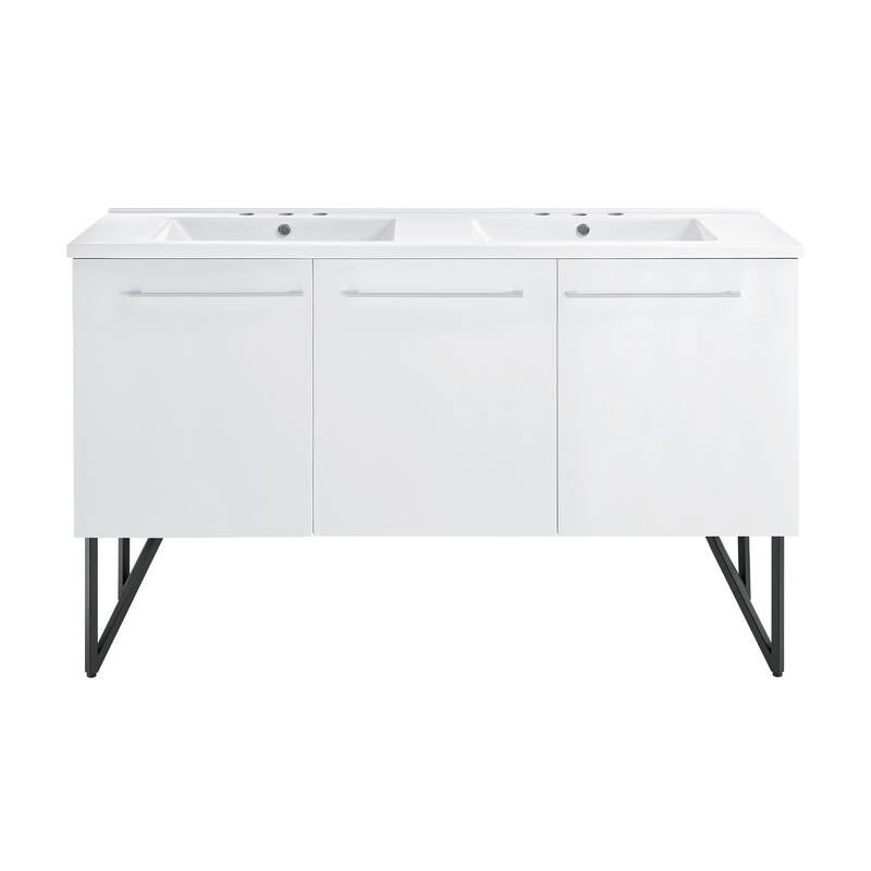 Annecy 60 In. White, Double Basin Bathroom Vanity With White, 3-Hole ArtificialStone Sink Top