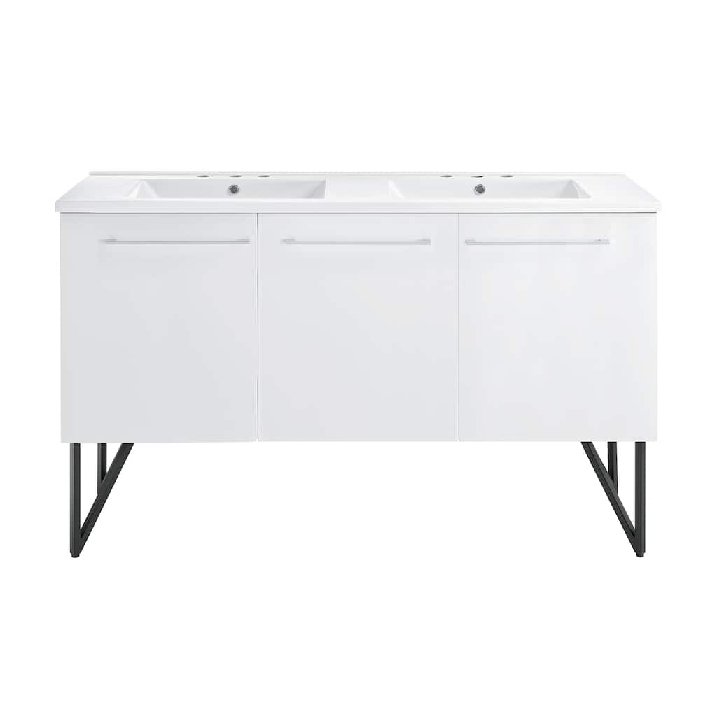 Annecy 60 In. White, Double Basin Bathroom Vanity With White, 3-Hole ArtificialStone Sink Top
