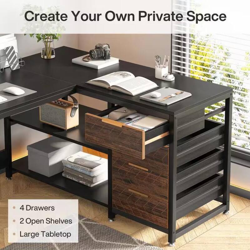 59" L-Shaped Computer Desk with Drawers and Storage Shelves, Reversible, Black