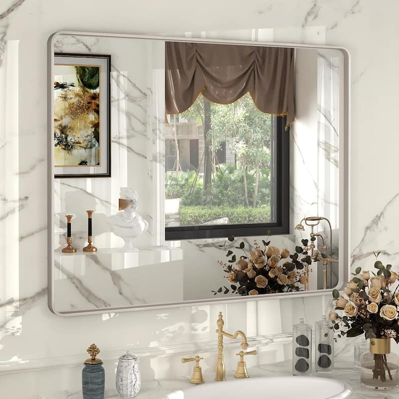 Aluminum alloy Framed Tempered Glass Wall Bathroom Vanity Mirror - 40" x 32" - Silver