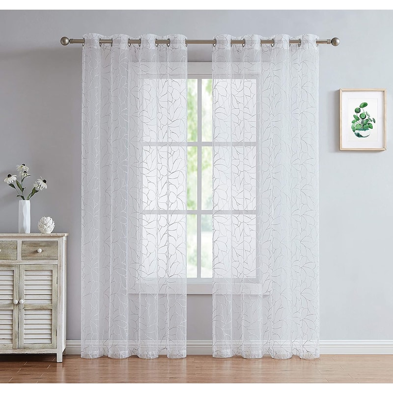 Olivia Embroidered Voile Sheer Grommet Curtain Panels for Any Room - 54" W x 63" Pair - Silver