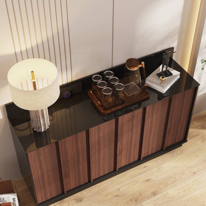 Modern Black High-Gloss Sideboard Buffet Cabinet with Coffee Wood Grain Doors, Sliding Power Outlet & Cable Management Box
