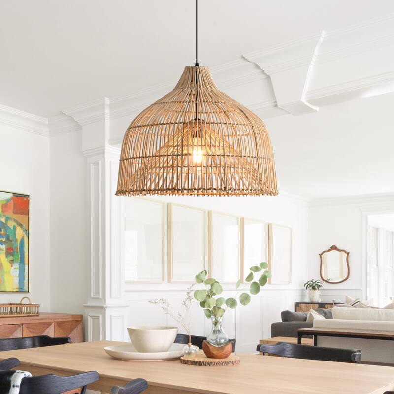 1-Light Boho Brown Hand-Woven Rattan Cloche Hanging Basket Pendant Light Chandelier - 19.6" W x 62.9" H