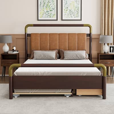 PU Leather Headboard Frame, Wooden Storage Platform Bed with 2 Big Drawers & Trundle Bed, Low Profile Panel Bed for Bedroom