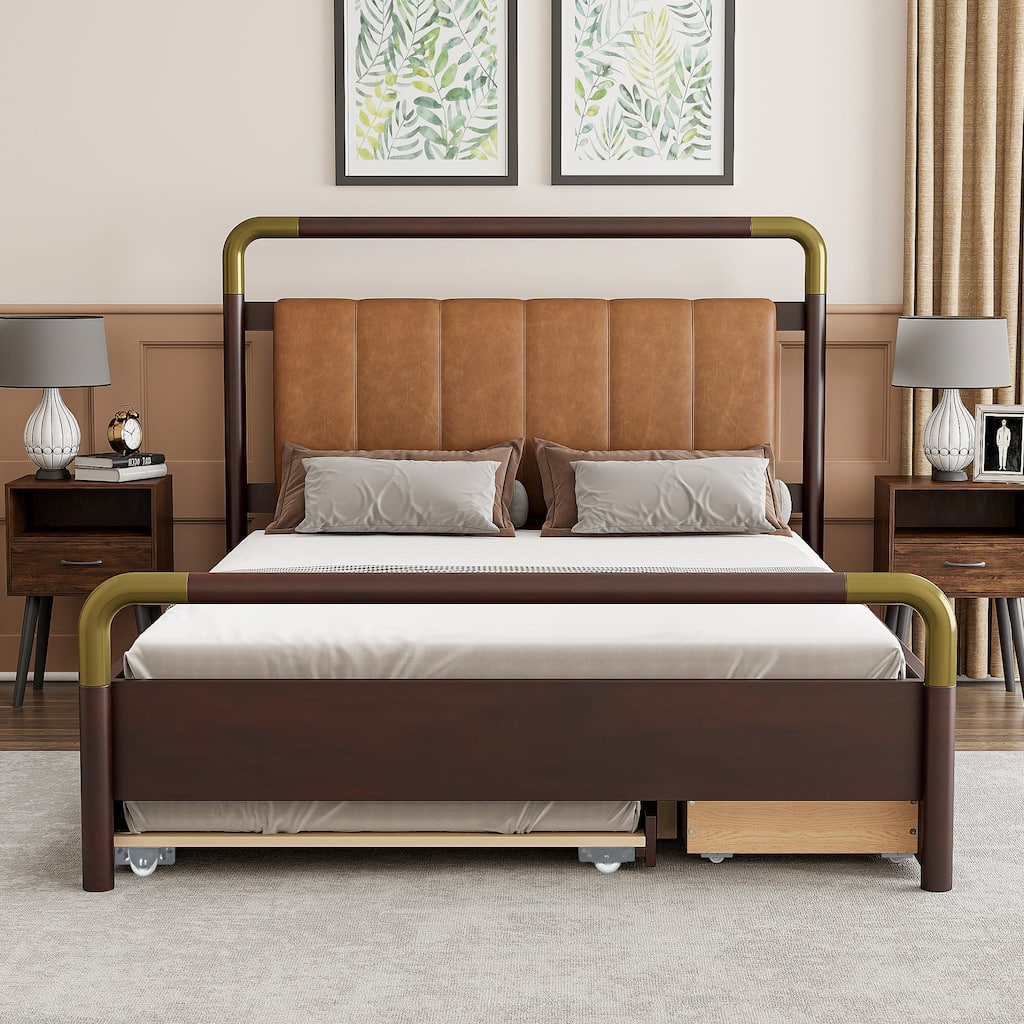 Queen Size Wooden Platform Bed with Upholstered Headboard, Solid Pinewood Storage Bed Frame with 2 Drawers and Twin-XL Trundle