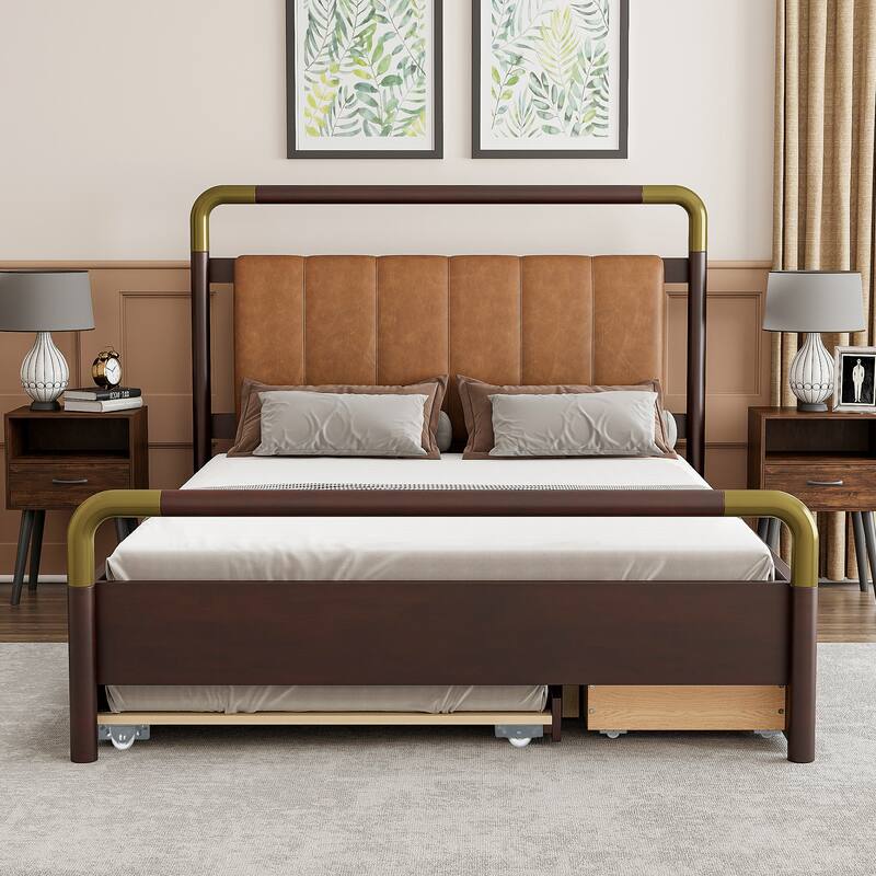 Queen Size Wooden Storage Platform Bed, with 2 Big Drawers, T-XL Size Trundle