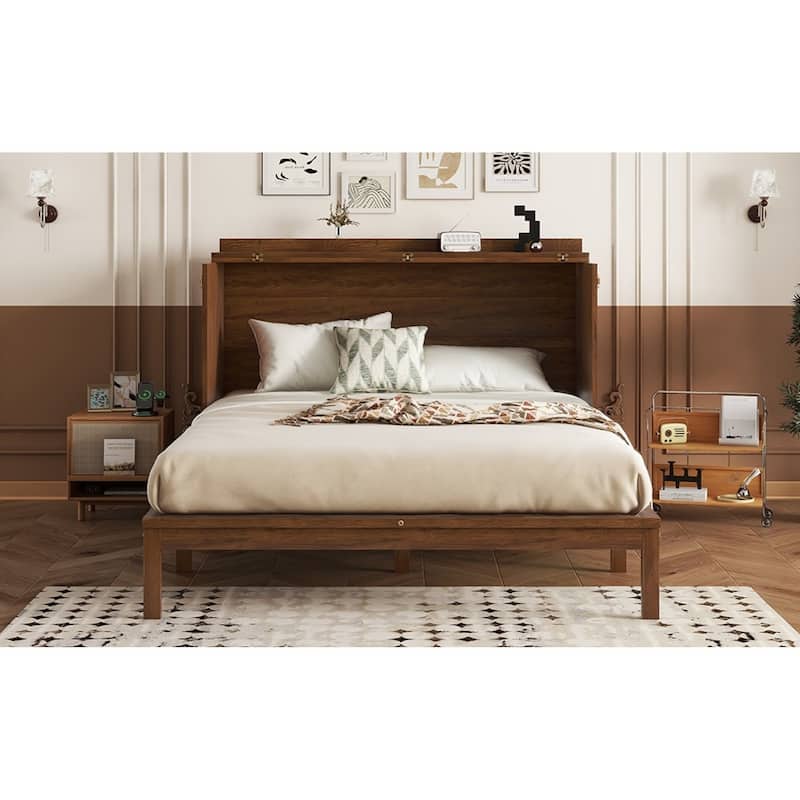 Roomfitters Queen Murphy Bed Cabinet, Pine Wood Fold-Down Bed with Power Station and Rattan Accent Panel