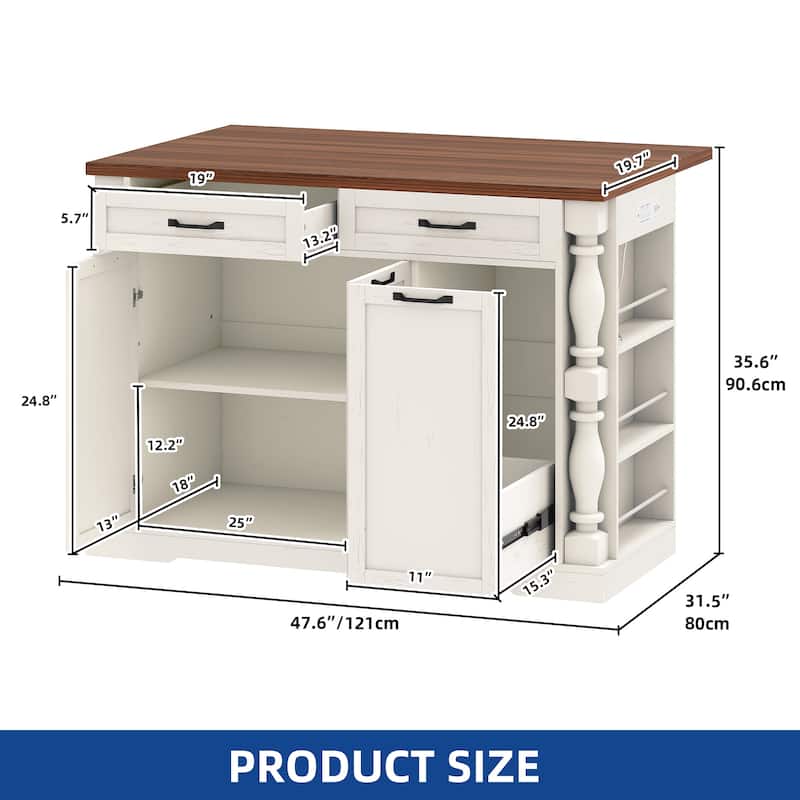 Moasis 47.6 inch Mobile Kitchen Island with Drop Leaf and Power Outlet&Pull-Out Trash Can Storage