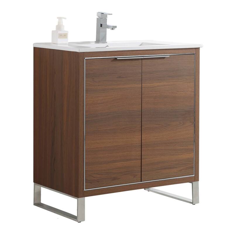 Fine Fixtures Opulence Collection Bathroom Vanity with White Ceramic Sink - 30 Inch - Walnut Ebony - Chrome Hardware