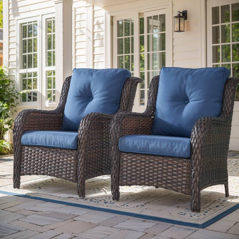 Outdoor Arm Chair with Cushion Rattan Chair - Brown Rattan - Blue Cushion - 2PCS - Patio Chair