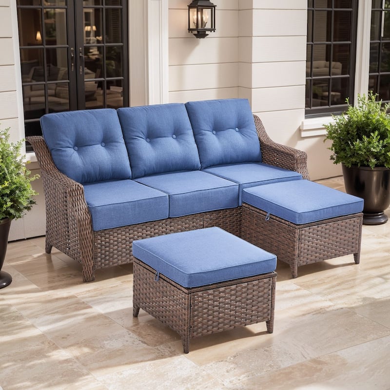 Artisan 3-Seat Wicker Patio Sofa with 6-Inch Thick Cushions and 2 Ottomans - Navy Blue - Brown Wicker