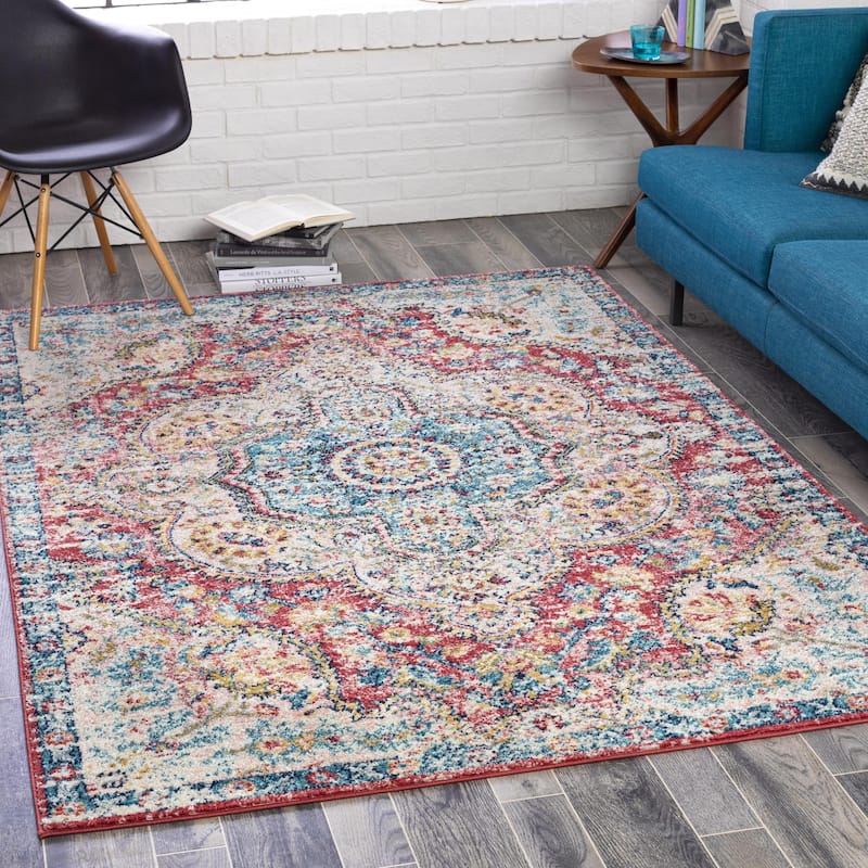 Livabliss Elaziz Updated Traditional Medallion Area Rug - Sky Blue/Rose - 5' 3" x 7' 7"