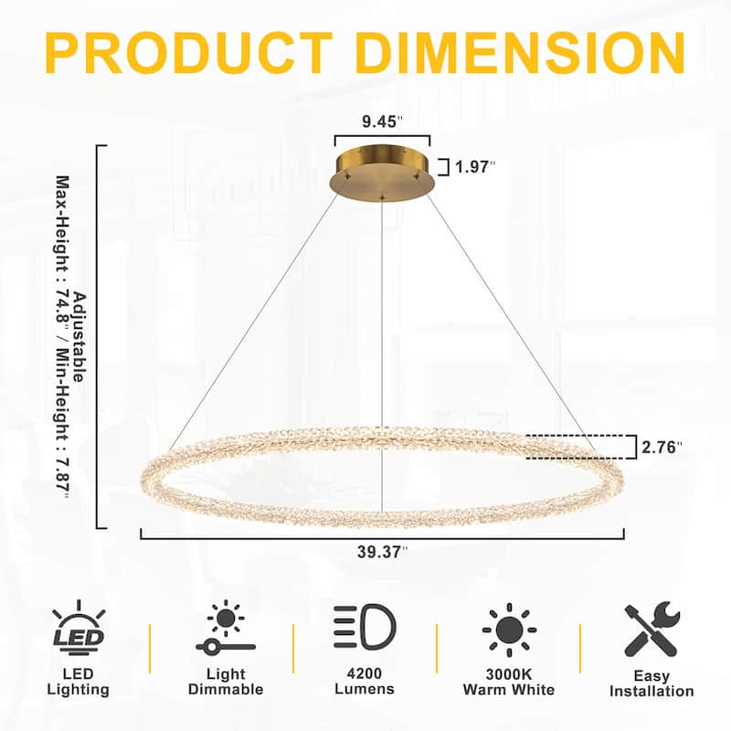 Modern Gold Crystal LED Chandelier, Dimmable Ring Light