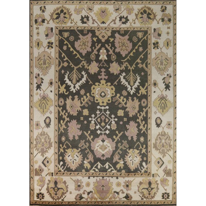 Charcoal Ivory Oushak Indian Area Rug Hand-Knotted Wool Carpet - 9'0" x 11'9"