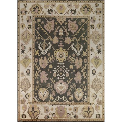 Charcoal Ivory Oushak Indian Area Rug Hand-Knotted Wool Carpet - 9'0" x 11'9"